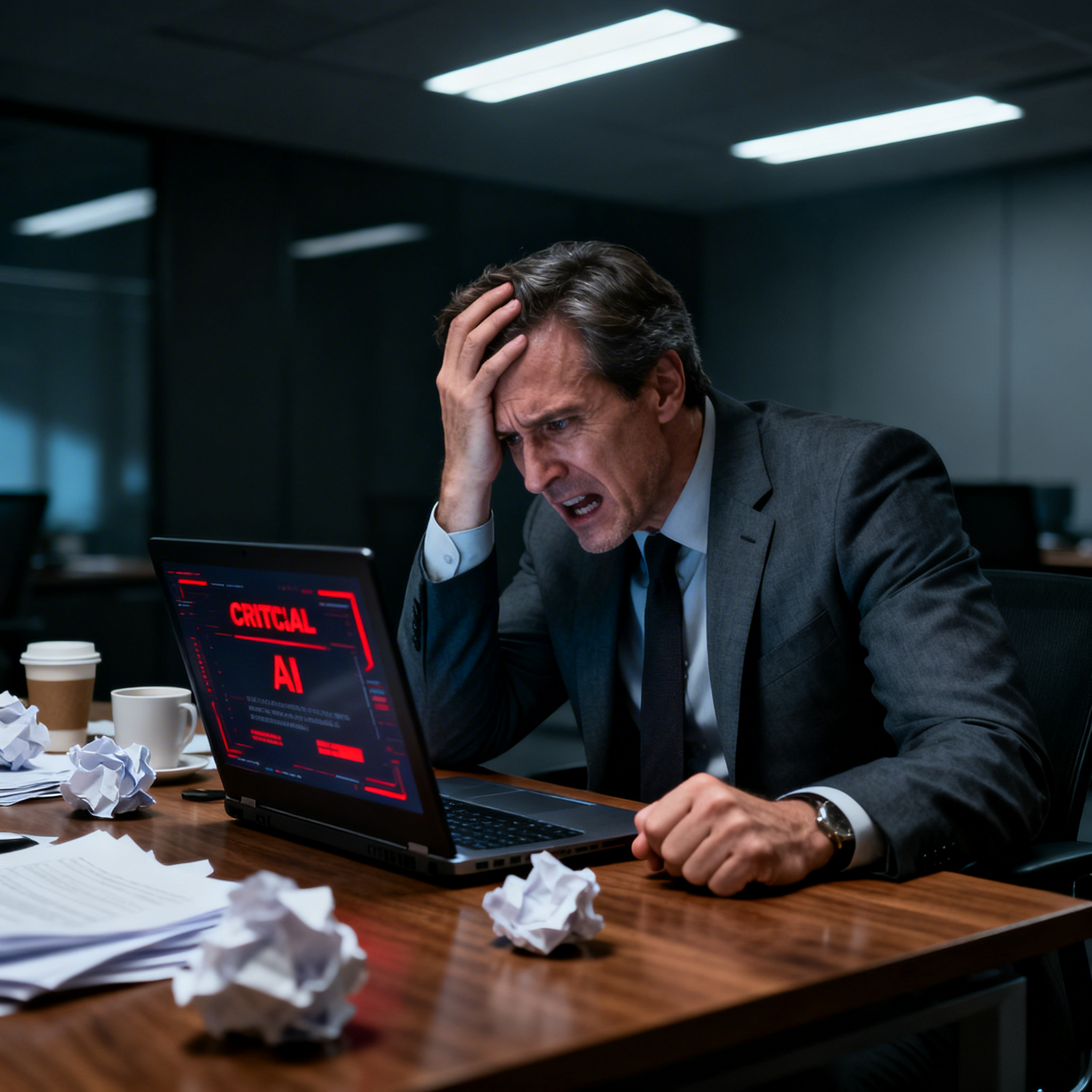 Executive facing a critical AI incident — laptop showing CRITICAL AI alert in a dark office